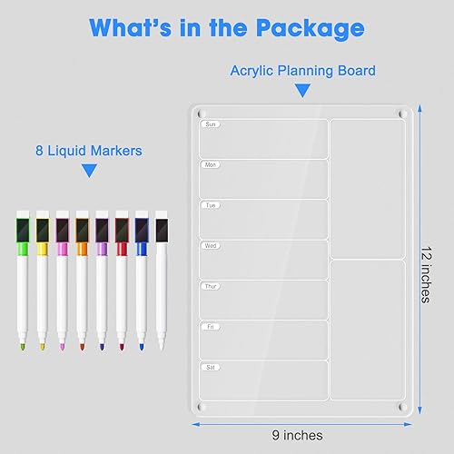Miniatura 9 de Planificador de comidas de acrílico, tablero magnético de menú para cocina, refrigerador francés con 6 marcadores, calendario semanal transparente,
