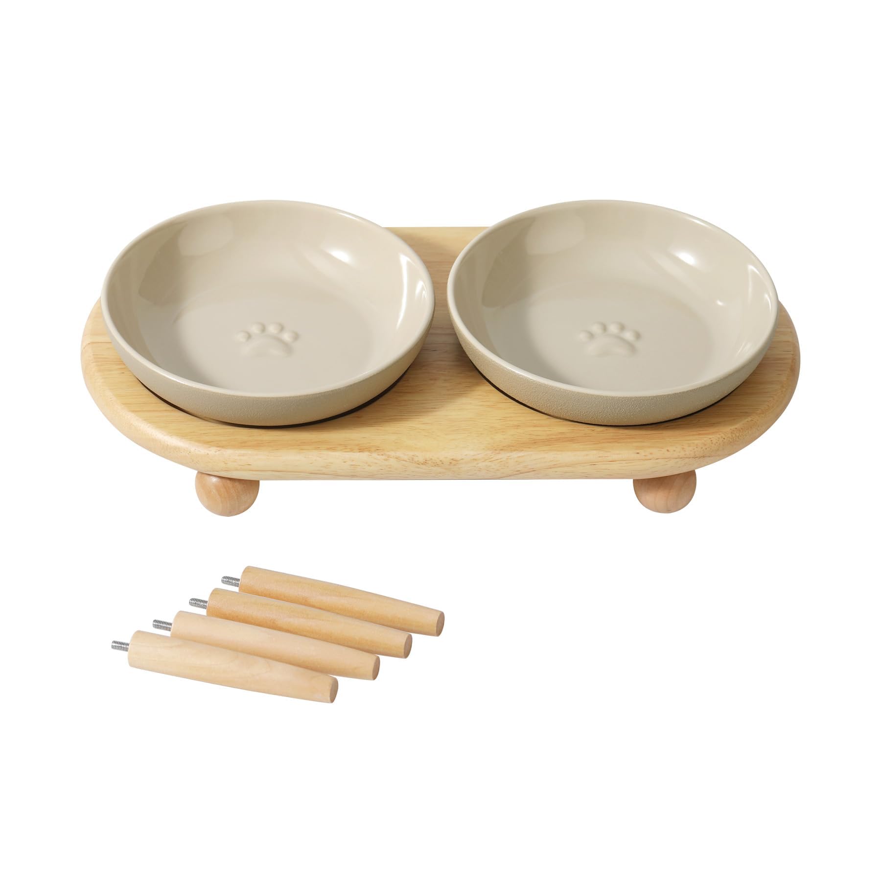 Havniva Elevated Cat Bowls, Raised Cat Bowl Ceramic Cat Dishes with Stand | Raised Cat Food Bowls, Whisker Friendly, 6” Shallow Cat Dishes, Wide Cat Plates, Non-Slip Wood Stand, Two Heights