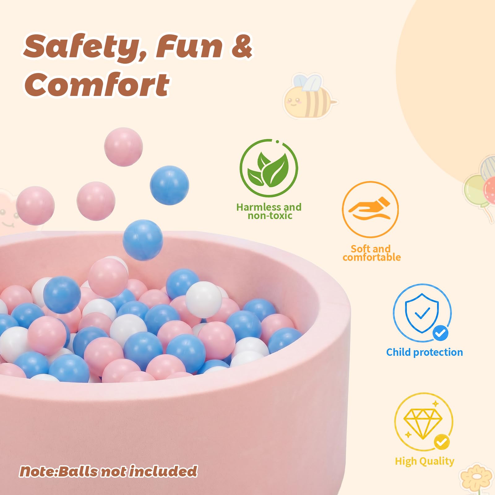 Wilwolfer Bagno per palline per bambini piccoli: piscina pieghevole per bambini – piscina rotonda morbida – morbida schiuma per palloni da gioco per bambini – morbida schiuma memory foam – interno