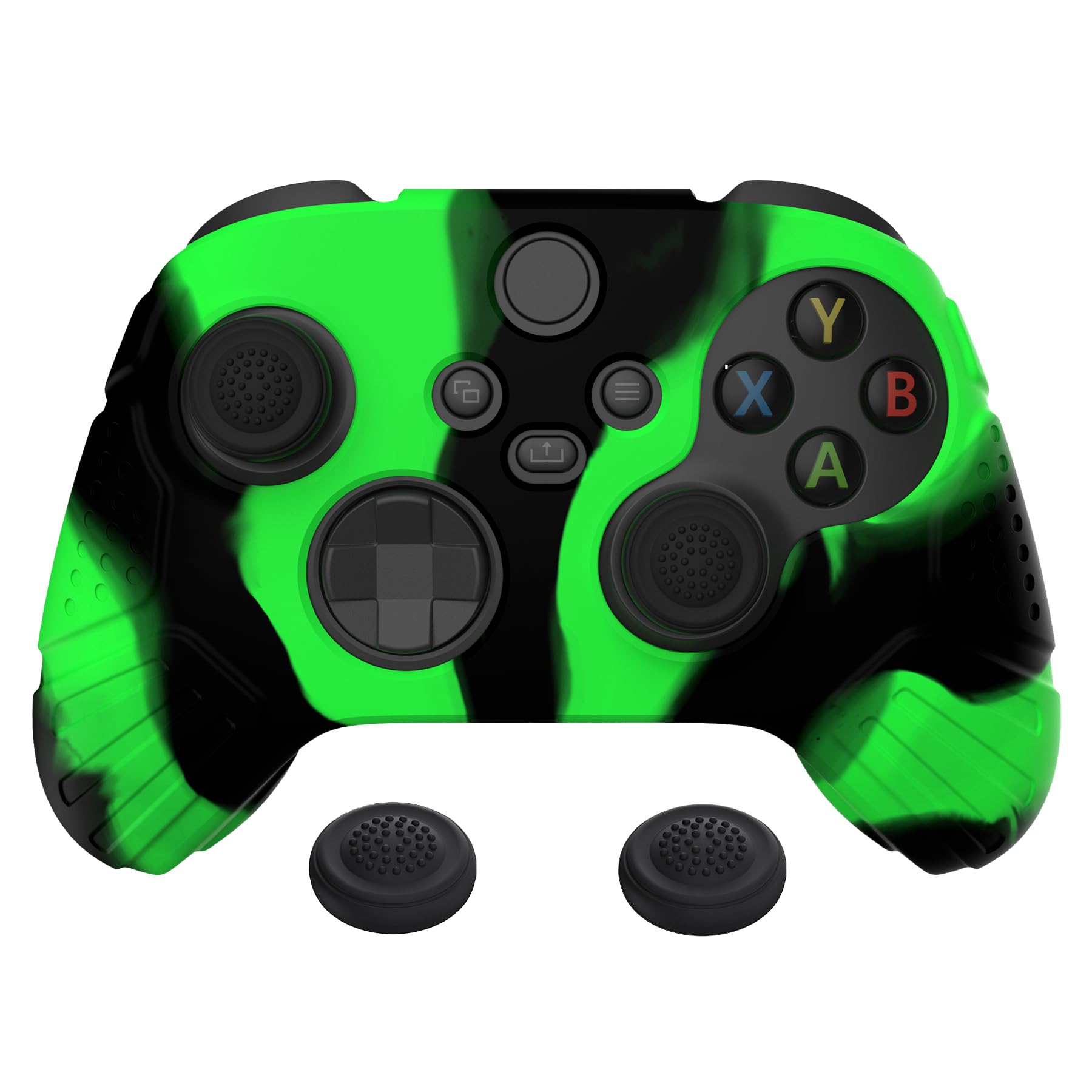 eXtremeRate PlayVital Funda de Silicona para Xbox Series X/S - Protector Antideslizante de Tacto Suave con 2 Tapas de Joystick, Material Duradero, Protección Completa - Edición Guardian (Verde Negro)