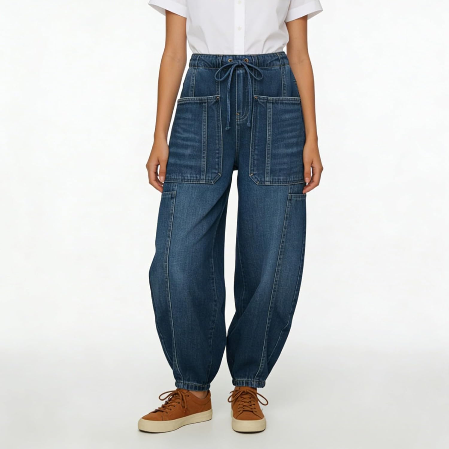 Xiaojmake Women's Barrel Jeans Low-Rise Drawstring Jogging Denim Pants with Pockets Casual Going Out Basic Workwear Trousers