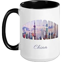 Shanghai China Travel Ceramic Mug, Black/White, 15oz