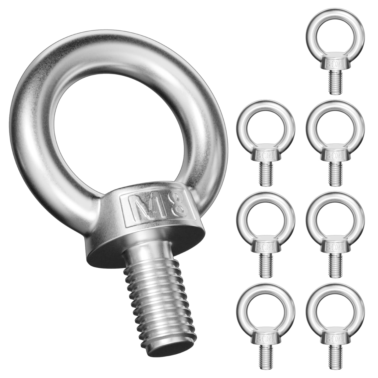 8 Pcs M8 Eye Bolts Heavy Duty, 304 Stainless Steel Lifting Ring Eye Bolts with Thread, Eyebolt Male Screws for Living Lifting and Various Engineering Equipment Anchor Bolt Set