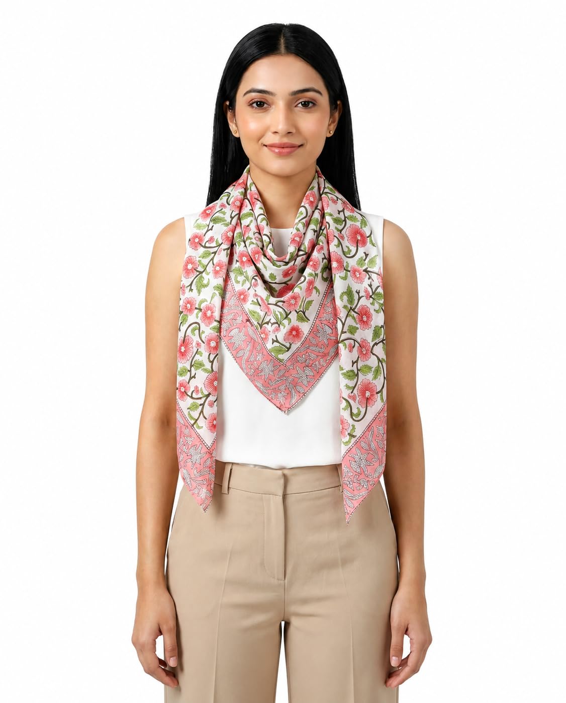 Women Pack Of 2 Floral Hand Block Printed Cotton Square Scarves-image-42