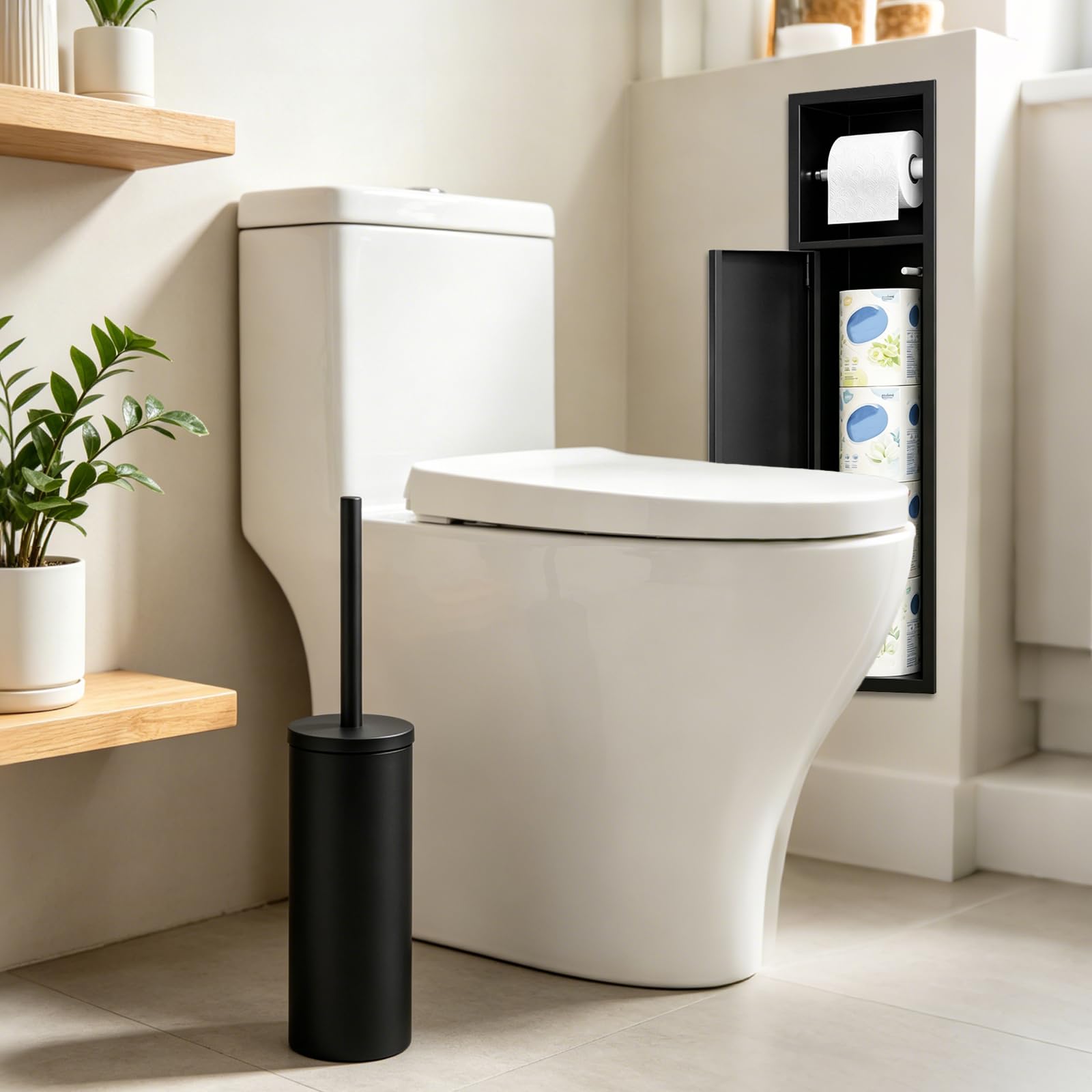 Portarrollos De Papel HigiéNico Empotrado, Unidad Almacenamiento De Papel HigiéNico De Acero Inoxidable Negro con Puerta Corredera Portarrollos con Juego De Escobilla Accesorios De BañO 66x18x15 Cm