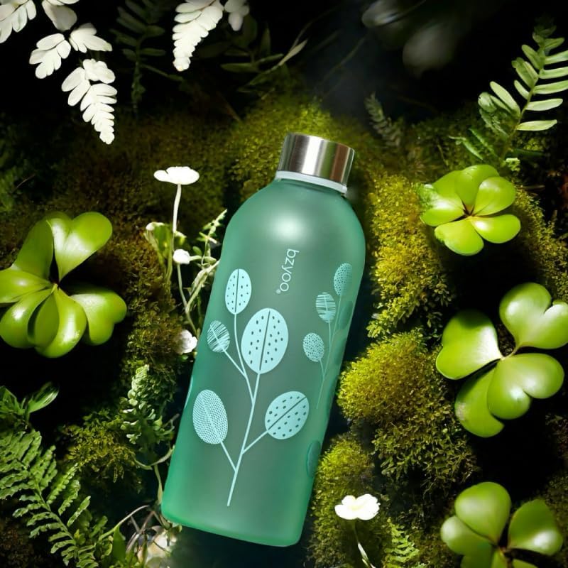 Miniatura 3 de bzyoo Botella de agua transparente de 32 onzas con marcador de tiempo, diseño de hojas, plástico duradero, sin BPA, reutilizable, con marcas de
