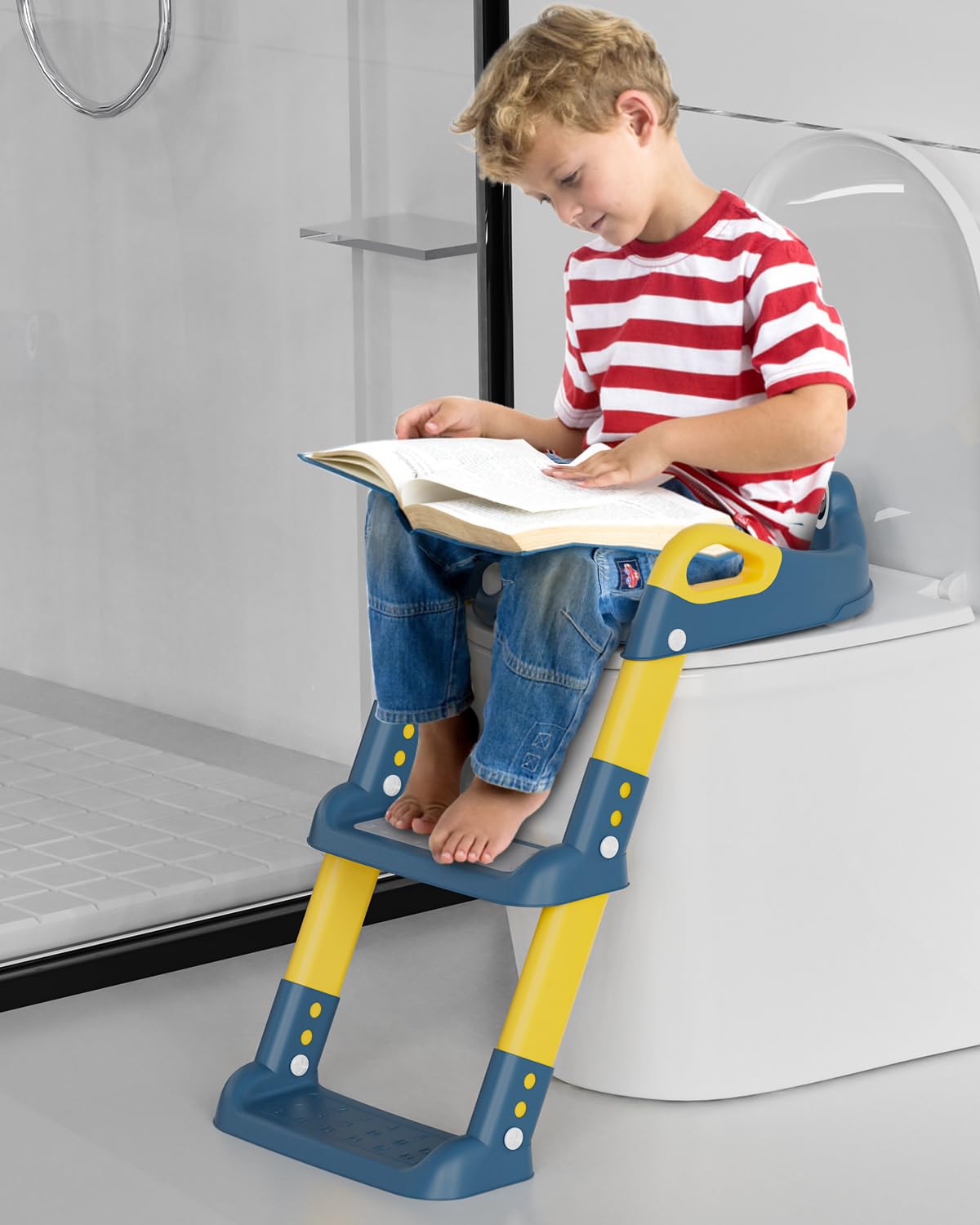 Toilettensitz Kinder mit Treppe, Toilettentrainer für Kinder, WC Sitz mit PU Gepolsterter, Höhenverstellbar und Faltbar, Rutschfest mit Spritzschutz Toilettenaufsatz Kinder(Blue)