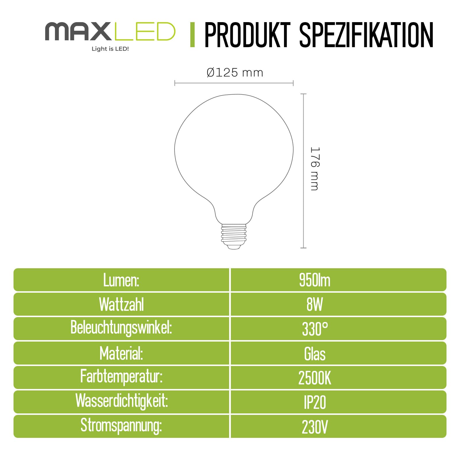 Maxled Light is Led! 2 Stuks Globe E27 G125 Vintage Edison LED Gloeidraad Gloeilamp 8W Vervangt 60W Conventionele Gloeilamp 2500K Warmwit Amber Glas 950lm Stralingshoek 330° 230V Niet Dimbaar