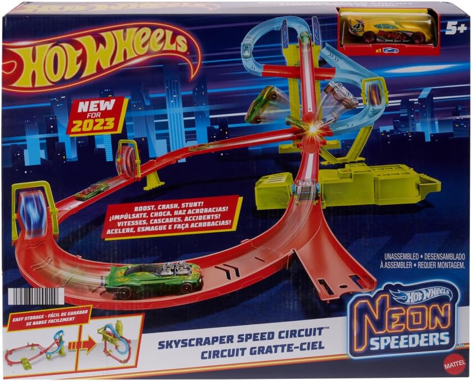 Person carrying folded Hot Wheels playset