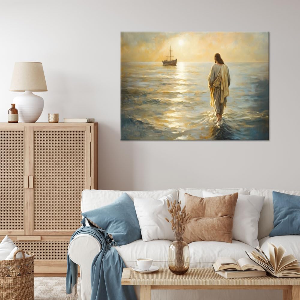 Feeby Leinwand Bilder - Bild Wohnzimmer - Jesus geht auf dem Wasser - 120x80 1tlg - Deko Schlafzimmer Groß - Dekoration Canvas - Gemälde - Modern Wandbilder - Kunstdruck