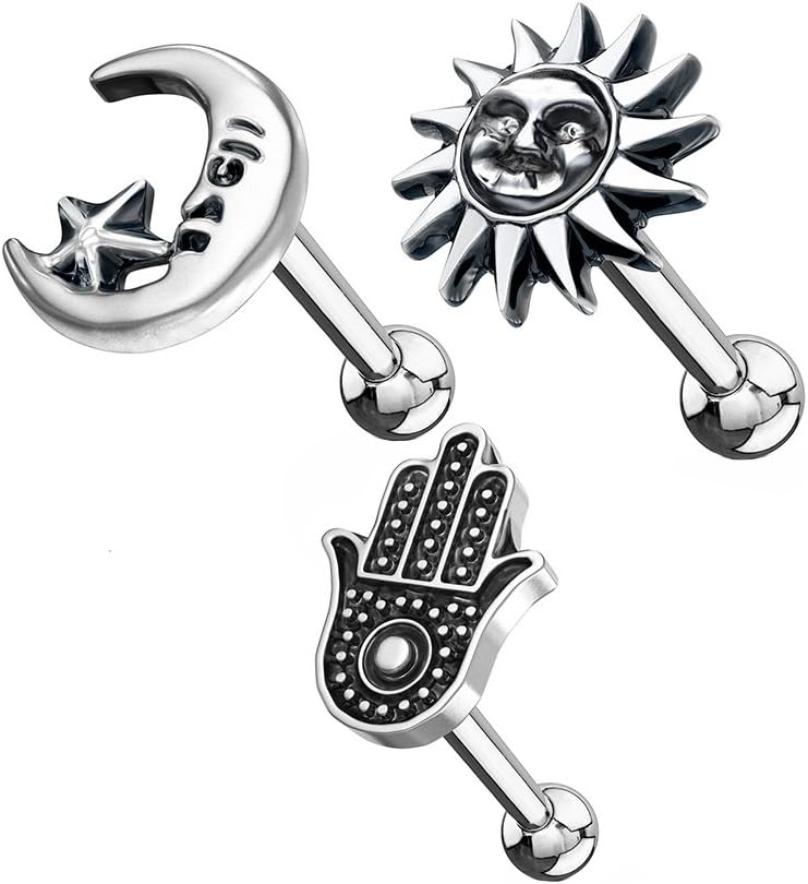 Pierced Owl - Antique Silver Plated Ear Cartilage Studs - Available in Hamsa Hand, Tribal Sun, Moon and Star