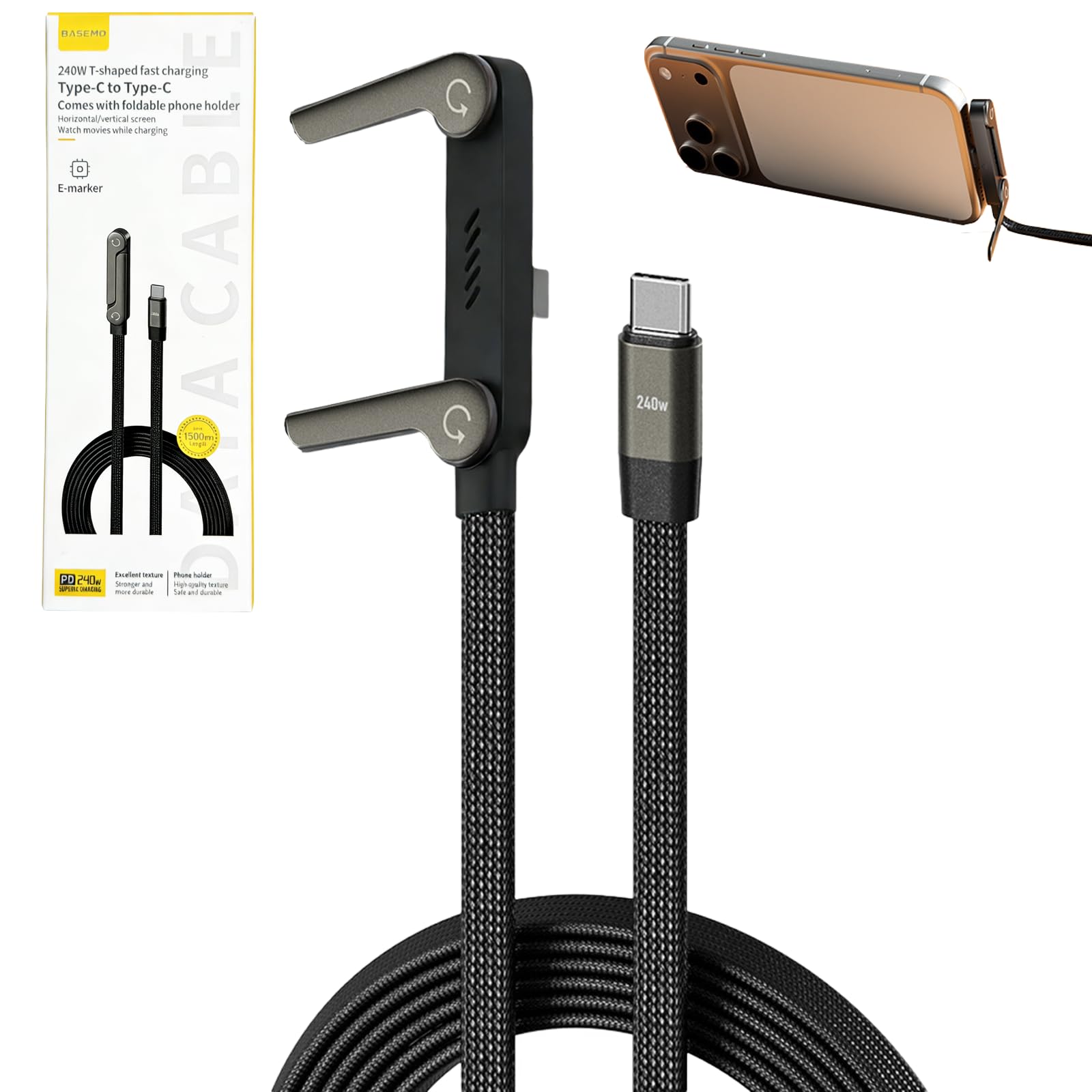 Câble de charge rapide tressé de 240 W, angle droit de 90 ° de type C vers câble de type C, câble de charge pliable durable pour la synchronisation des données – 2 en 1 avec support de