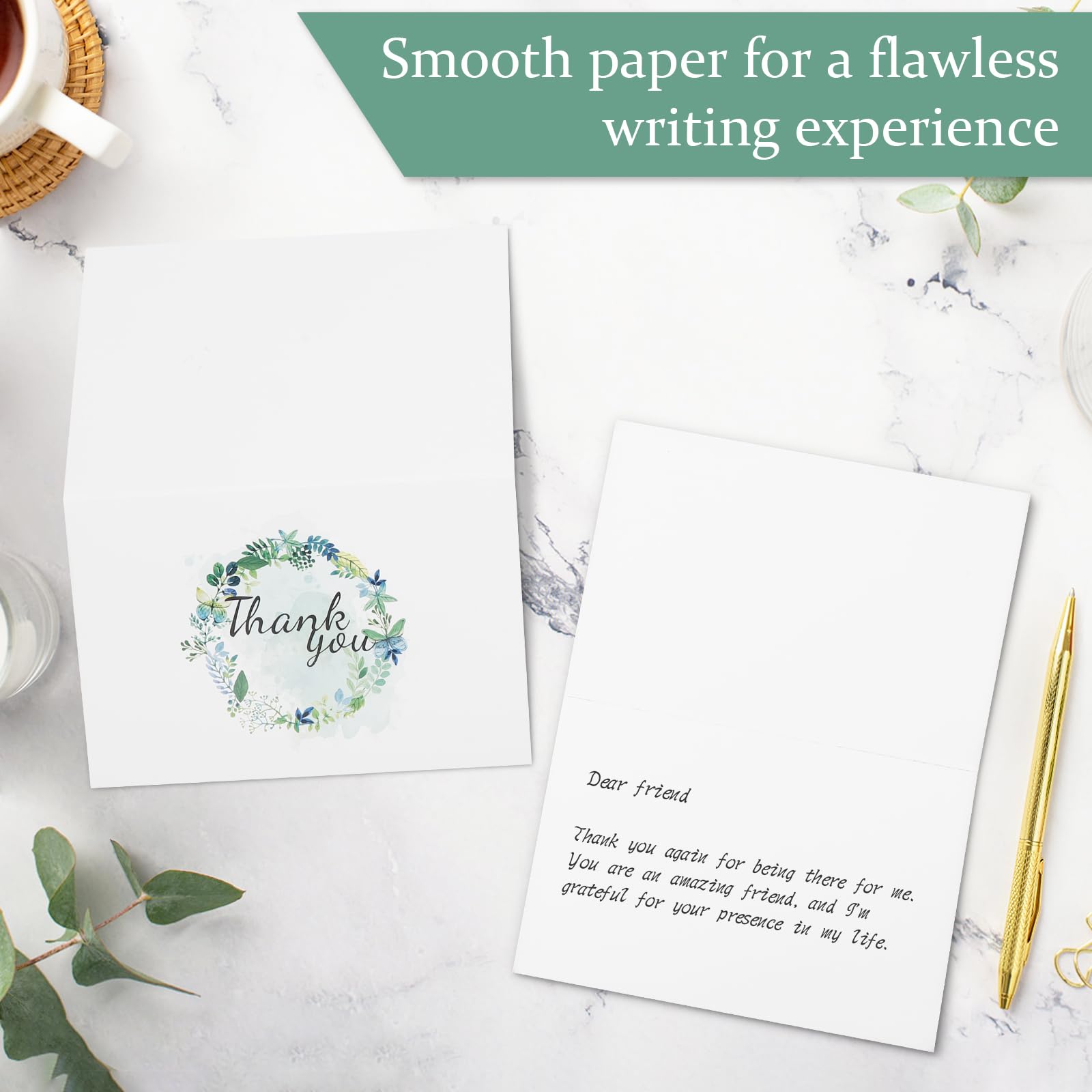 Lot de 120 cartes de remerciement avec enveloppes noires et autocollants – 2 motifs de verdure – Cartes de remerciement vierges de 10,2 x 15,2 cm – 300 g/m² – Notes de remerciement robustes pour