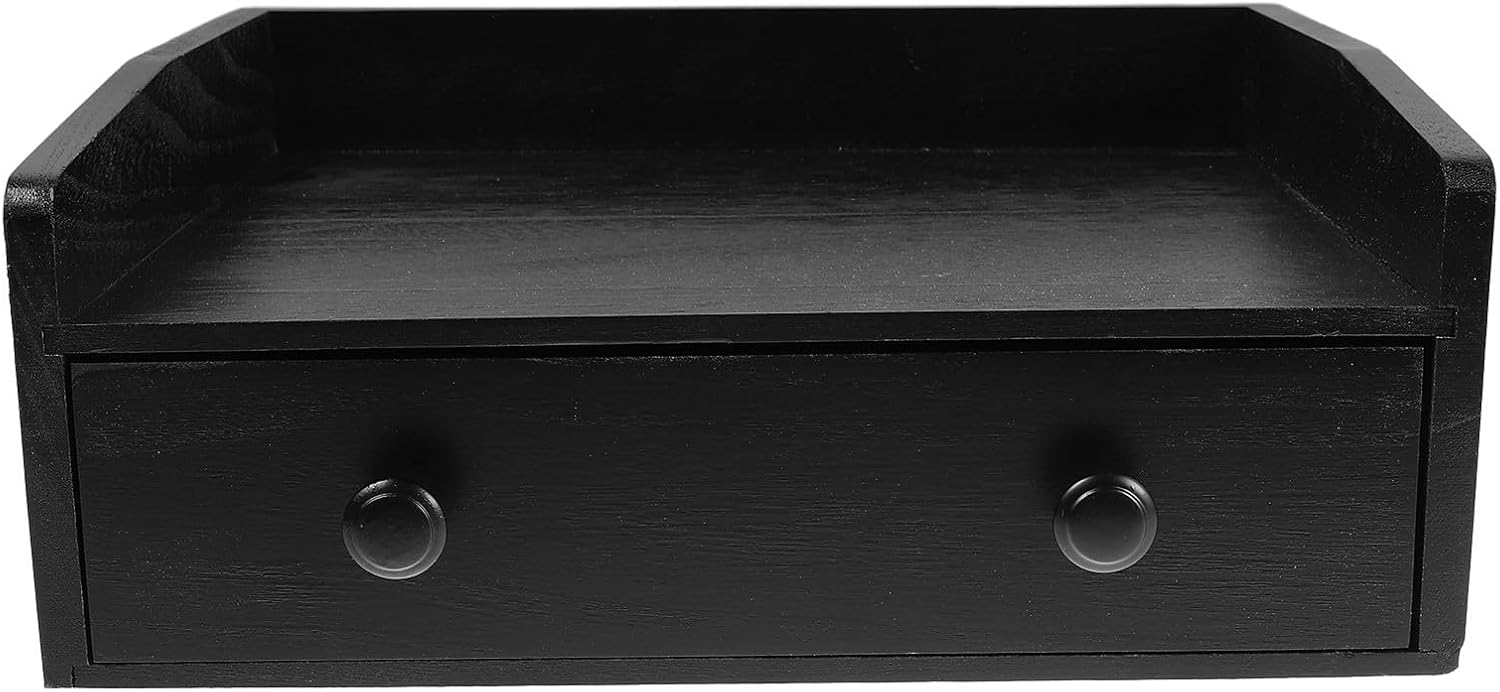 Wooden Desktop Storage Cabinet with Drawer, Sturdy Multifunctional Coffee Pod Holder and Office Supplies Organizer, Sleek Black Design for Home Decor and Office Use