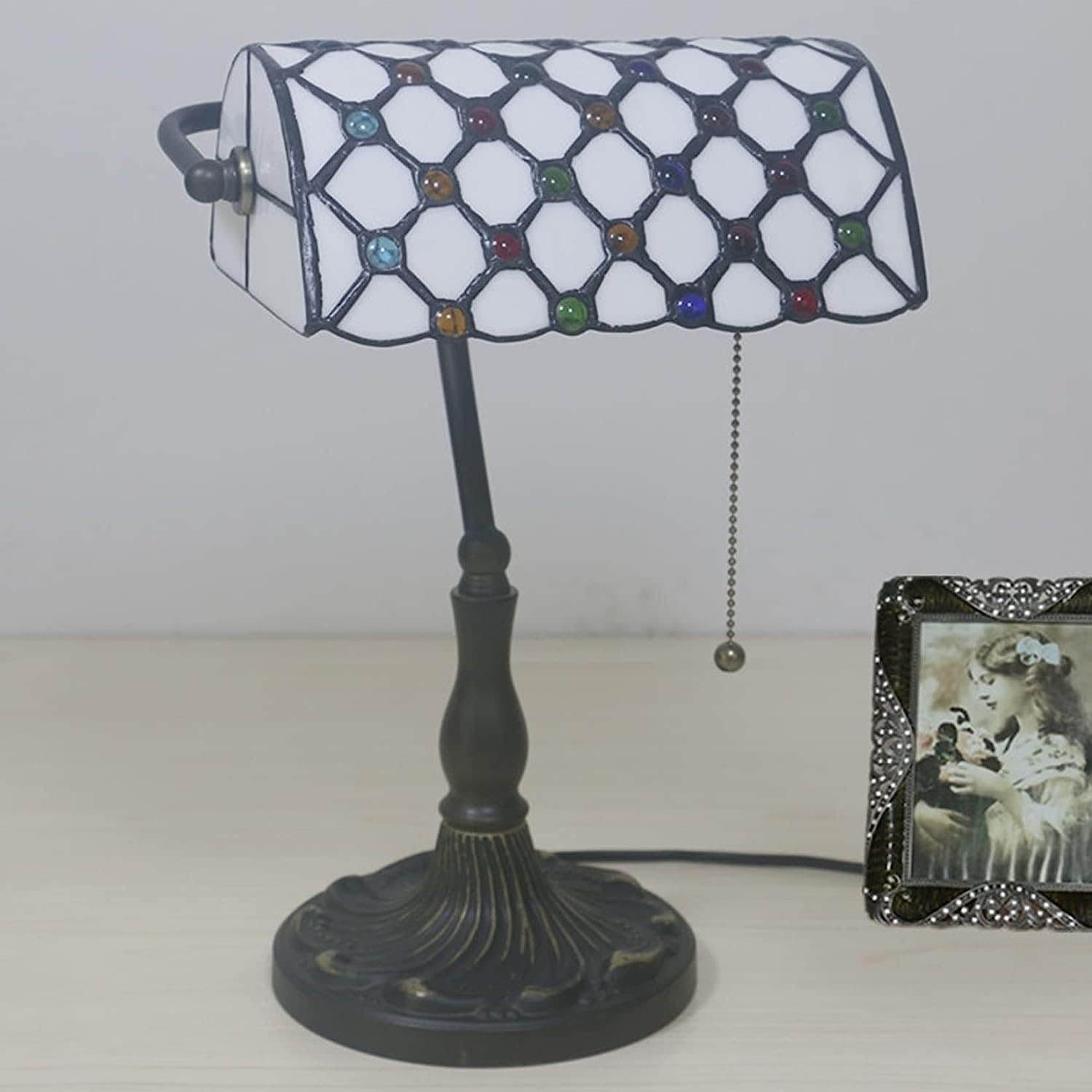 Bankier's Tischlampe, farbige Glaslampe, Kristallperlenschreibtischlampe, Schlafzimmer in der Nacht Leselampe (weißer farbenfroher Glasschatten) Innovate