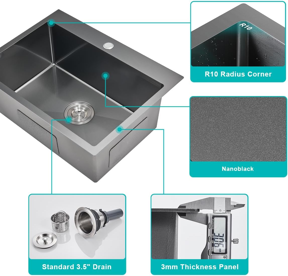 Kitchen Sink Drop in - TSIBOMU 20 x 16 Inch Kitchen Sink Topmount 18 Gauge Stainless Steel Single Bowl Overmount Bar Sink(Black)