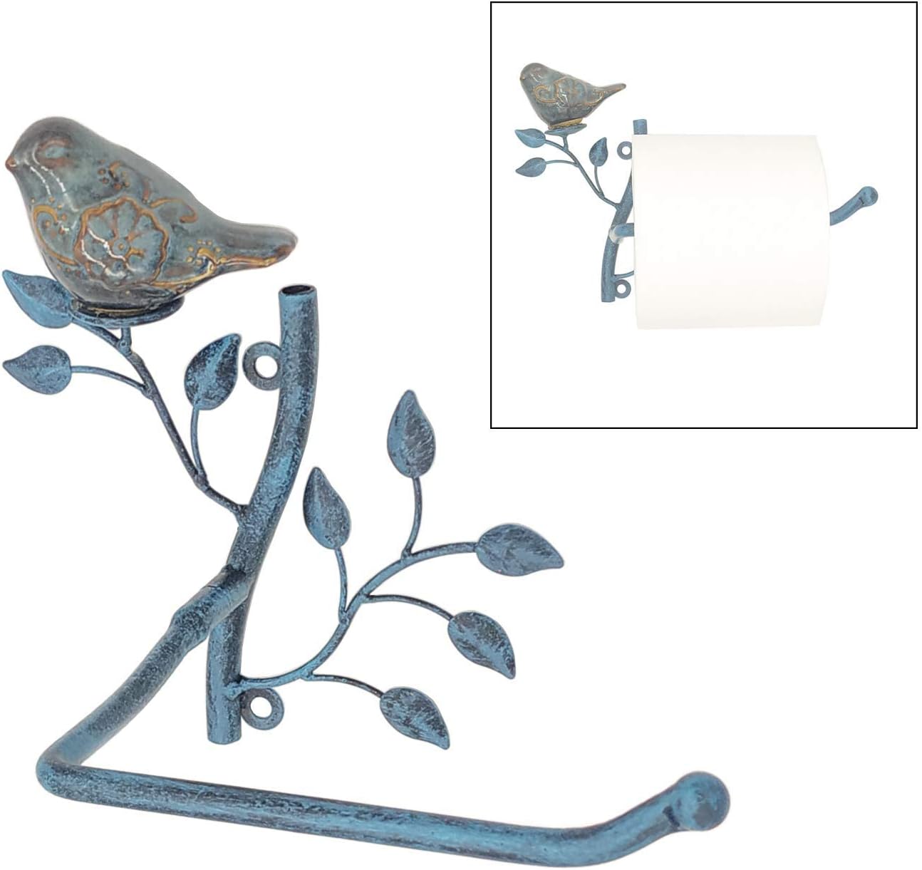 Owlgift Set of 2 Wall Mounted Metal Toilet Tissue Holder w/Ceramic Bird, Roll Organizer for Bathroom - Turquoise