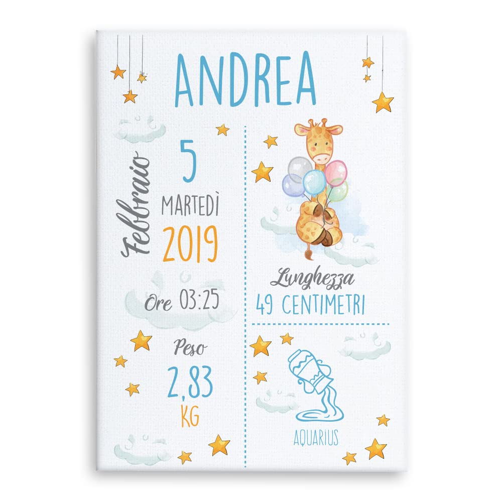 Babloo Quadro in Tela Quadretto Nascita Personalizzato Idea Regalo Bimbo Neonato Grafica Giraffa 30X40cm (Azzurro)