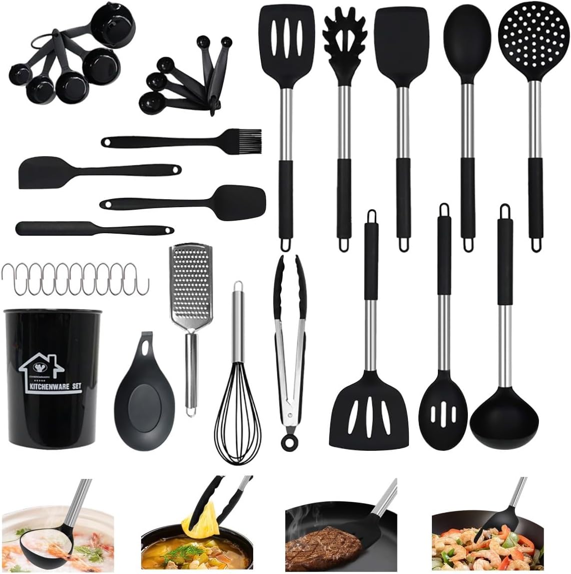 Silicone Cooking Utensils Set, 37PCS Kitchen Cooking Tools Kit Silicone Kitchen Gadgets Set with Storage Bucket Heat Resistant Kitchenware Nonstick Cookware with Tongs Spatula Spoon Turner Brush Whisk