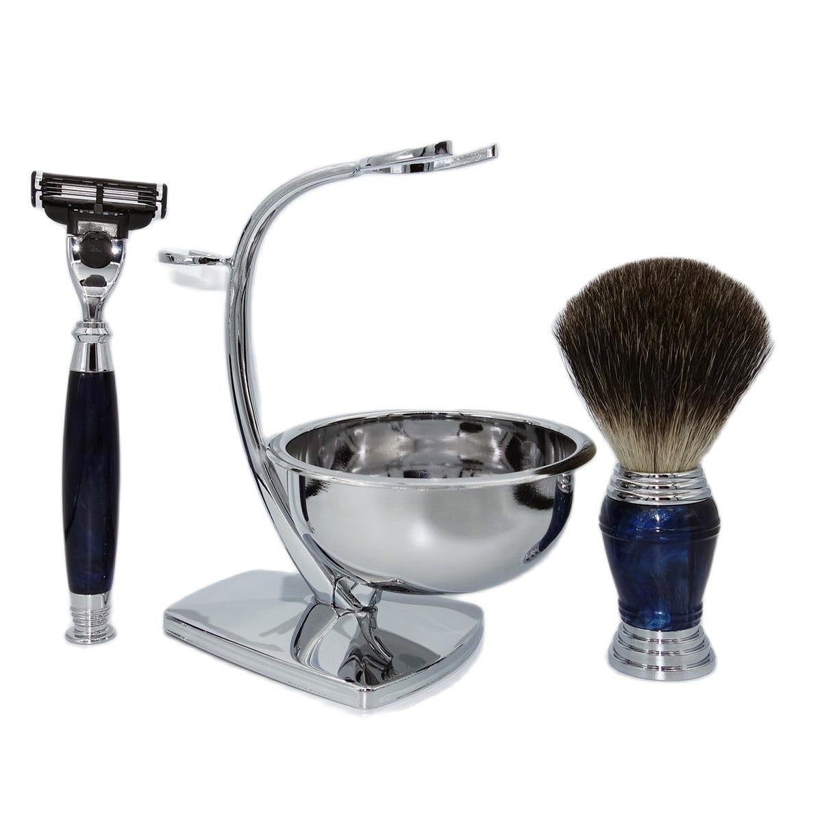 Rasierhobel-Starter-Set mit Mach 3 Dreifach-Klingen, Rasierseifenschale, 100 % Dachshaarpinsel, Rasierständer, Geschenk-Set für Männer ab 50 Jahren, 4-teilig