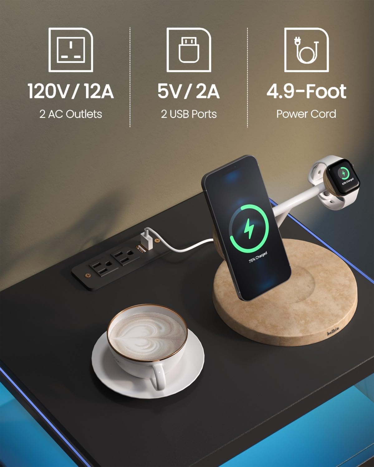 Nightstand with Charging Station and LED Lights,Night Stand with 2 Drawers,Bedside Table with Drawers,Modern LED Nightstands for Bedroom,Black