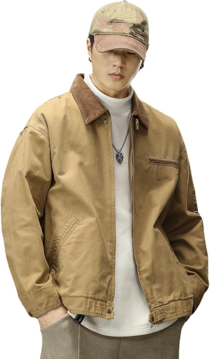 Retro Workwear Jacket, Men's Lapel American Autumn Loose Large Size Casual Top
