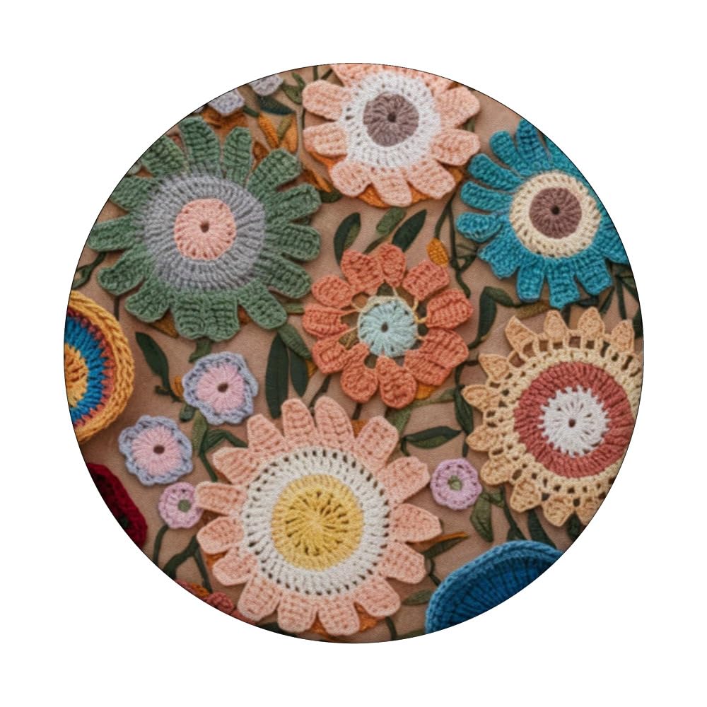 Crochet Lover Boho Flowers PopSockets Swappable PopGrip, Black - Image 3