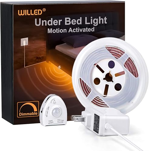 Luz para debajo de la cama, regulable y activada por movimiento, tira LED de 4.9pies con sensor de movimiento y adaptador de corriente, luz de noche