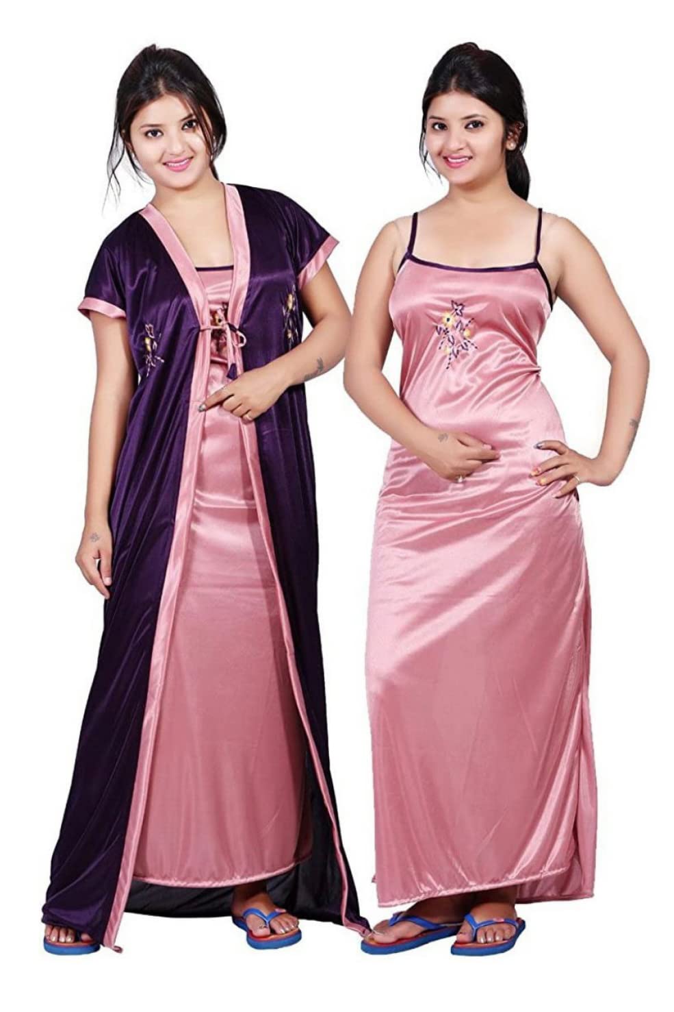 2 Pieces Nighty Satin Nighty Set with Embroidery on Nighty & Housecoat (Robe) with Two Colour Matching of Nighty & Rob-image-10