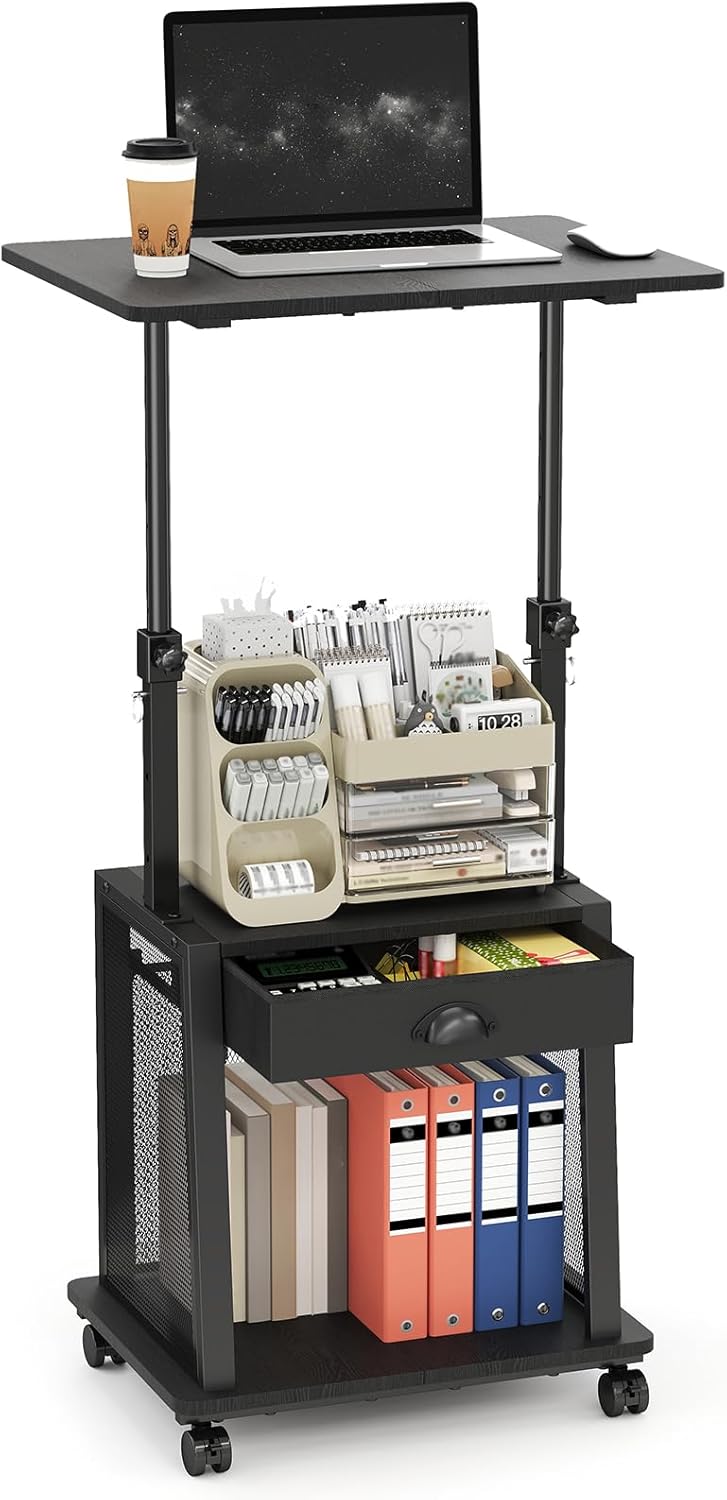 Height Adjustable Standing Desk with Wheels,Mobile Sit Stand Up Desk with Drawer,Rolling Laptop Computer Desk with storage,Portable Podium Teacher Stand Desk,Narrow Walking Pad Desk for Home Office