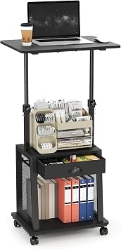 Height Adjustable Standing Desk with Wheels,Mobile Sit Stand Up Desk with Drawer,Rolling Laptop Computer Desk with storage,Portable Podium Teacher Stand Desk,Narrow Walking Pad Desk for Home Office