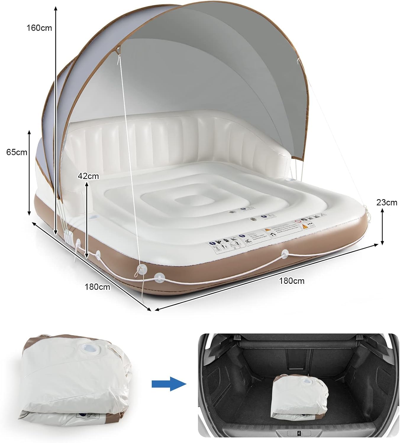 GYMAX Flotador Hinchable Grande para 2 Personas, Isla Flotante Inflable con Toldo Solar Desmontable y Ajustable (UPF 50+), 2 portavasos, Colchoneta Hinchable para Piscina y Playa, Carga de 200 kg