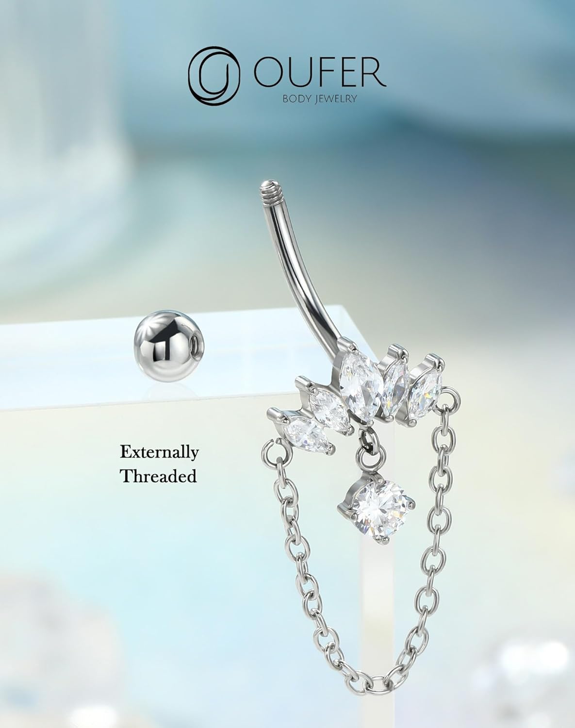 OUFER 316L Surgical Steel Belly Button Rings, Dangling Chains Belly Rings for Women, 14G Navel Piercing Jewelry, Marquise Dangle Curved Barbells Silver Body Piercing Jewelry - Image 6