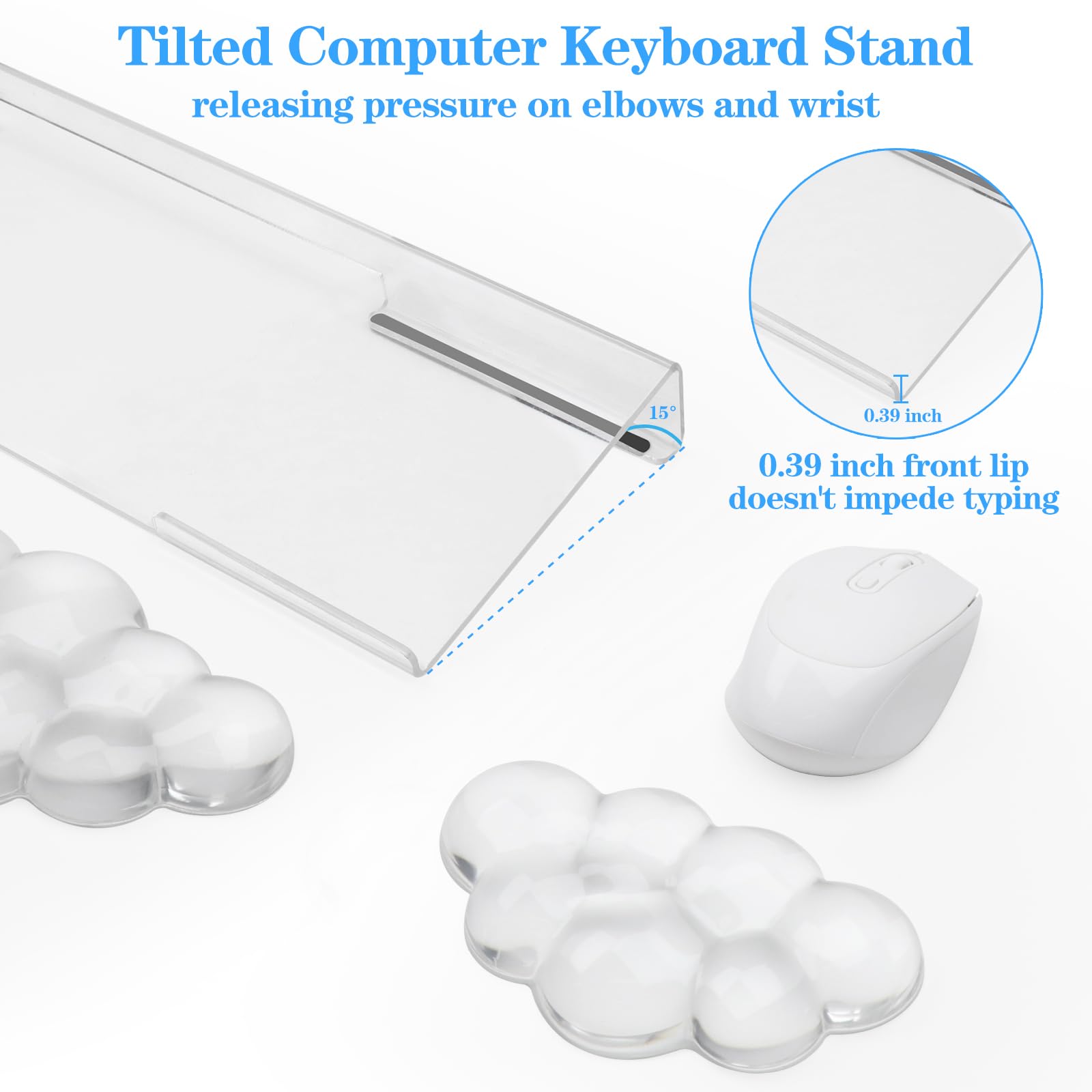 Supporto per tastiera in acrilico trasparente con gel Cloud tastiera e poggiapolsi per mouse, set 3 in 1 inclinabile ergonomico, allevia la digitazione dolorosa, per ufficio/computer/laptop/gaming
