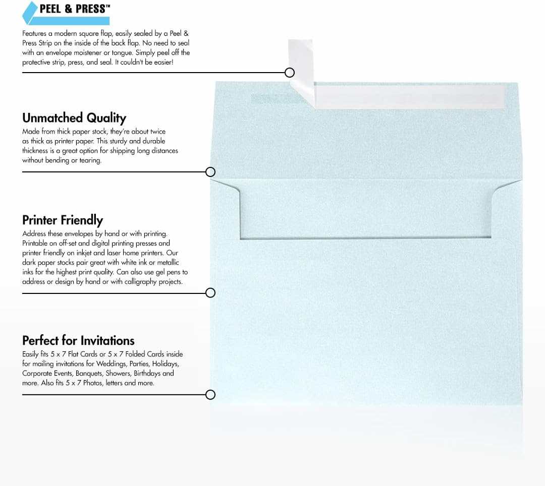 LUXPaper A7 Invitation Envelopes for 5 x 7 Cards in 80 lb. Aquamarine Metallic, Printable Envelopes for Invitations, w/Peel and Press Seal, 50 Pack, Envelope Size 5 1/4 x 7 1/4 (Aqua)