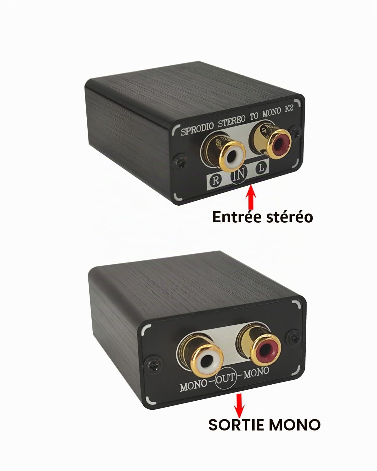 SPRODIO Convertisseur audio stéréo vers double mono sortie mono, adaptateur audio RCA L/R stéréo vers mono sommation K2