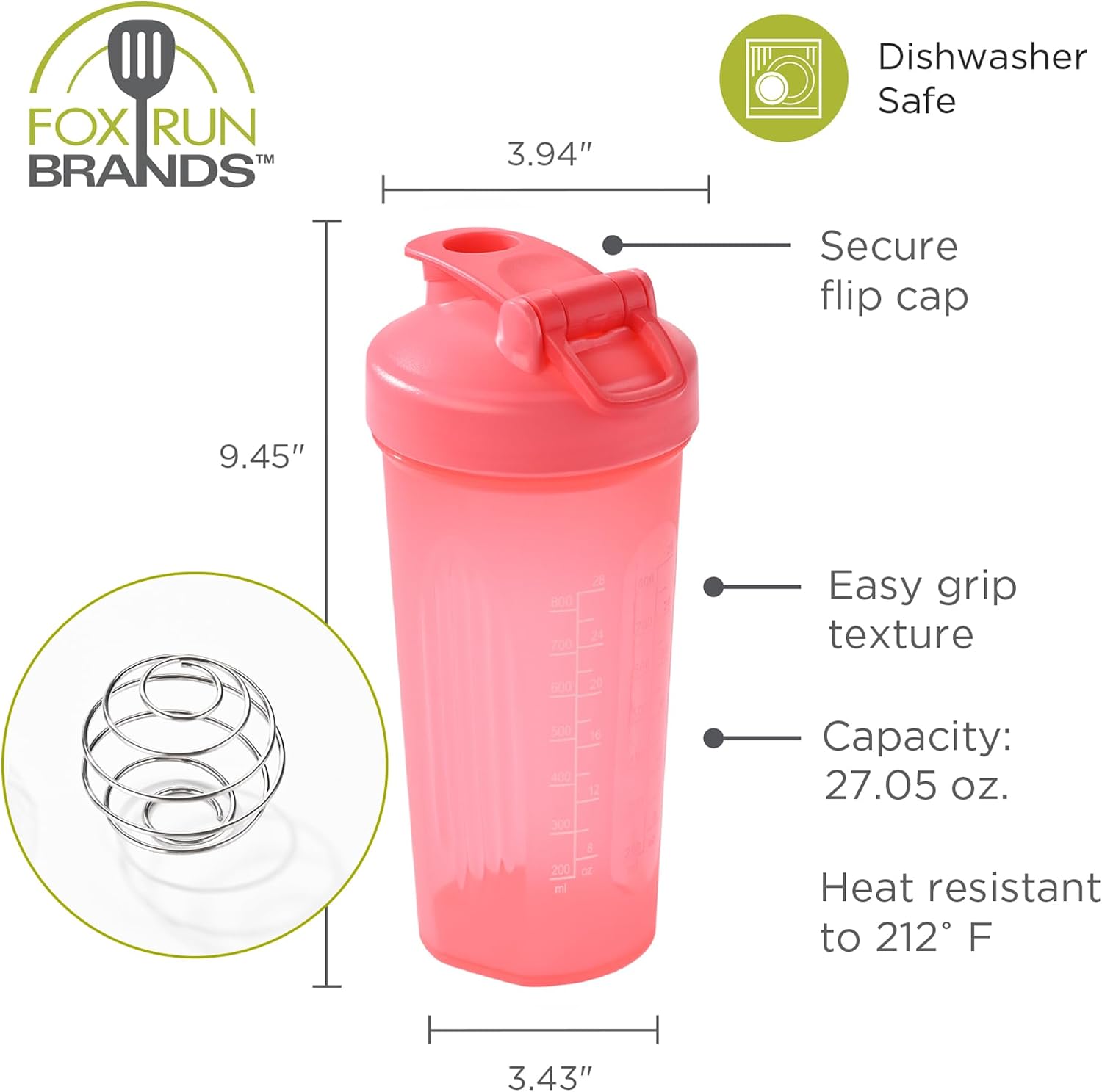 Fox Run Large Pink Blender Bottler, 28 oz Shaker Bottle with Stainless Steel Ball Whisk and Measurements