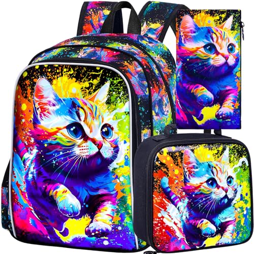 Image of Cat Backpack for Girls, 16 inch Kids Bookbag with Lunch Box,3Pcs School Backpacks for Elementary Preschool Kindergarten (Graffiti)