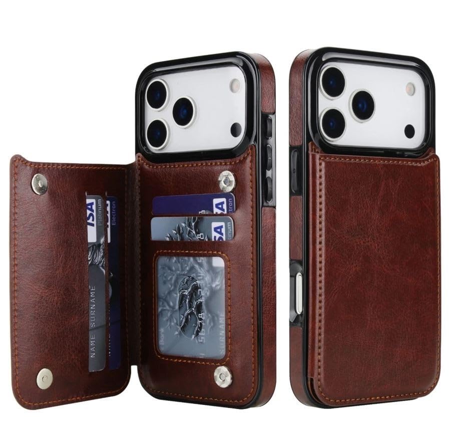 Coque iPhone 17 Pro marron en cuir premium avec porte-carte élégant