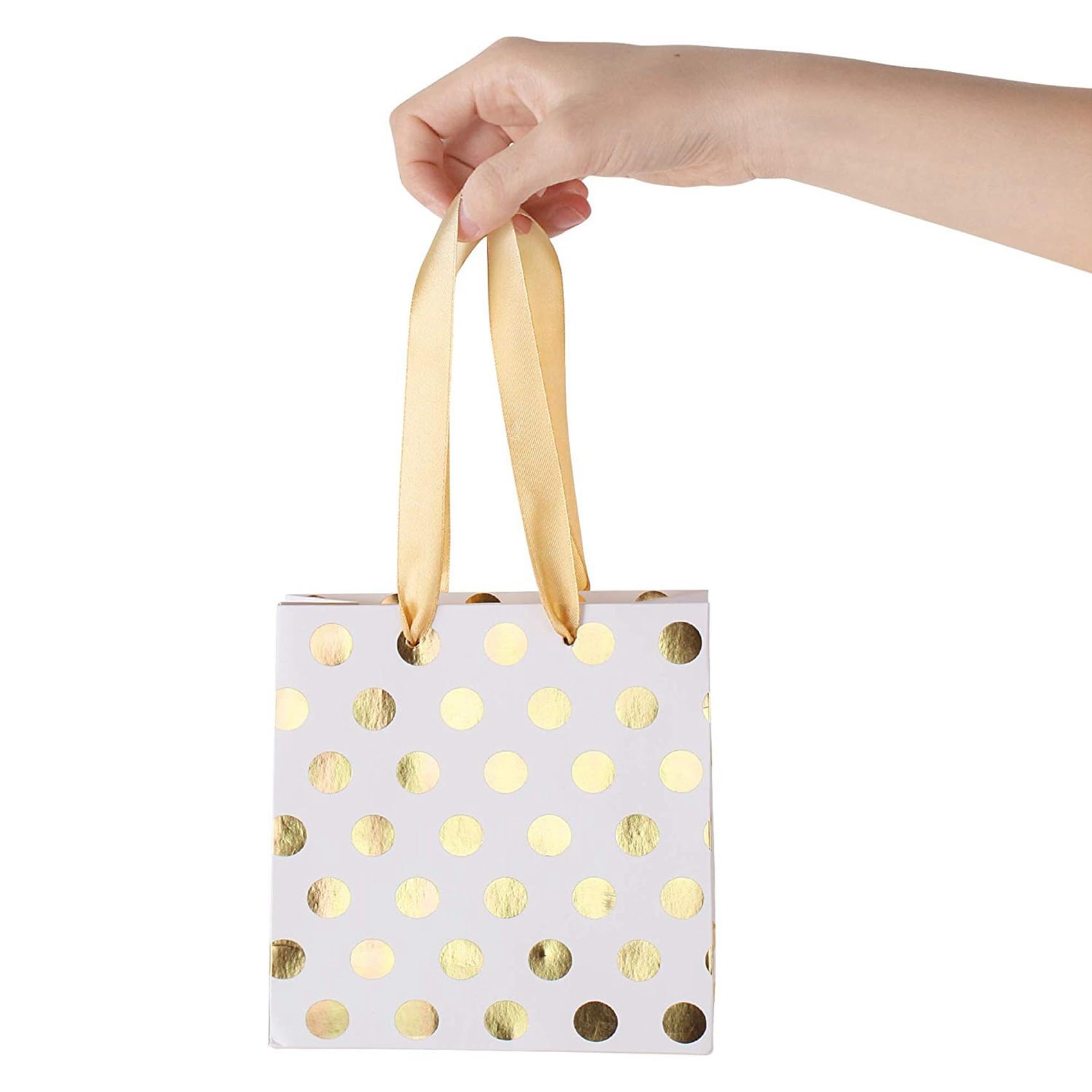 Xptieeck Małe torebki na prezent z uchwytami, złota, mini torebka na prezent na urodziny, wesele, święta Bożego Narodzenia, ukończenie szkoły baby shower (metalowe kropki, 40 opakowań w losowe)