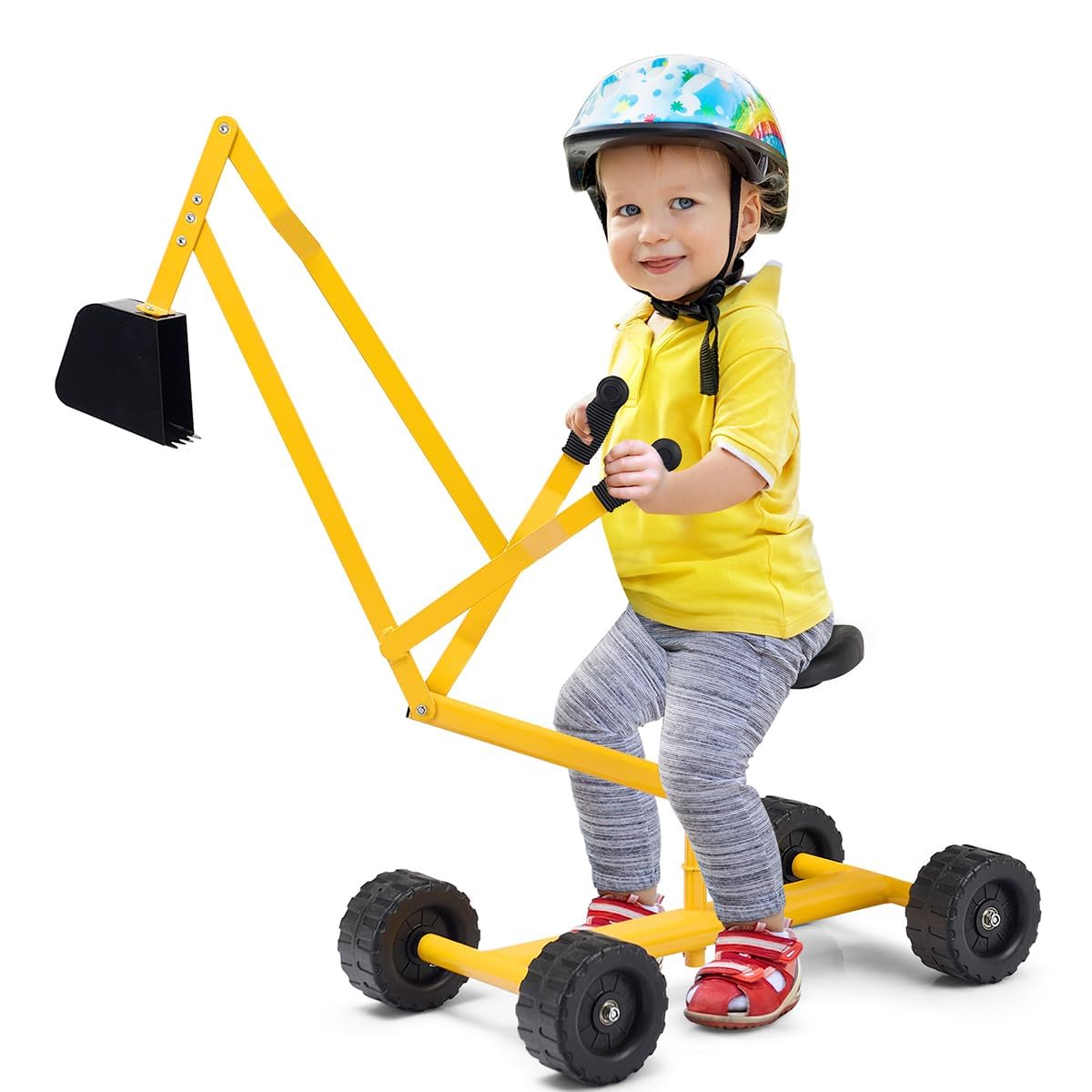 RELAX4LIFE Excavadora de Madera de Juguete con Dos Mandos Manuales y una Pala Flexible, Asiento Giratorio 360º y Reposacabezas Ergonómico, 4 Ruedas, para Niños y Niñas 3+ Años (88x33x35,5cm,Amarillo)