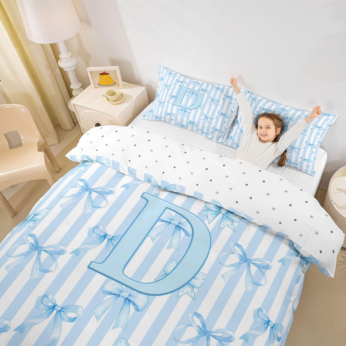 Homewish Początkowa litera D kokarda alfabet niebieskie paski poszewka na kołdrę podwójna kokardka zestaw pościeli w paski kawaii poszewka na kołdrę marzycielska księżniczka zestawy łóżek