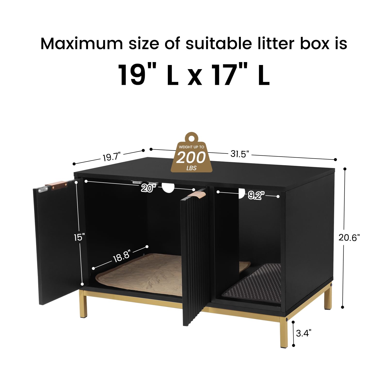 Cat Litter Box Enclosure, Hidden Litter Box Furniture with Metal Legs, Side End Table Indoor Cat House Storage Cabinet 31.5 x 19.7 x 20 Inches (Black + Gold)