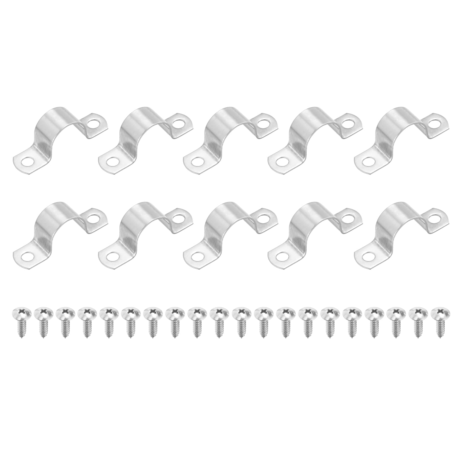 sourcing map 10Pcs 25mm(1") Two Hole Rigid Pipe Strap, 304 Stainless Steel Conduit Clamp Thicken U Bracket Heavy Duty Pipe Clamp with Self-Tapping Screws for Fixing Tube Cable, Silver