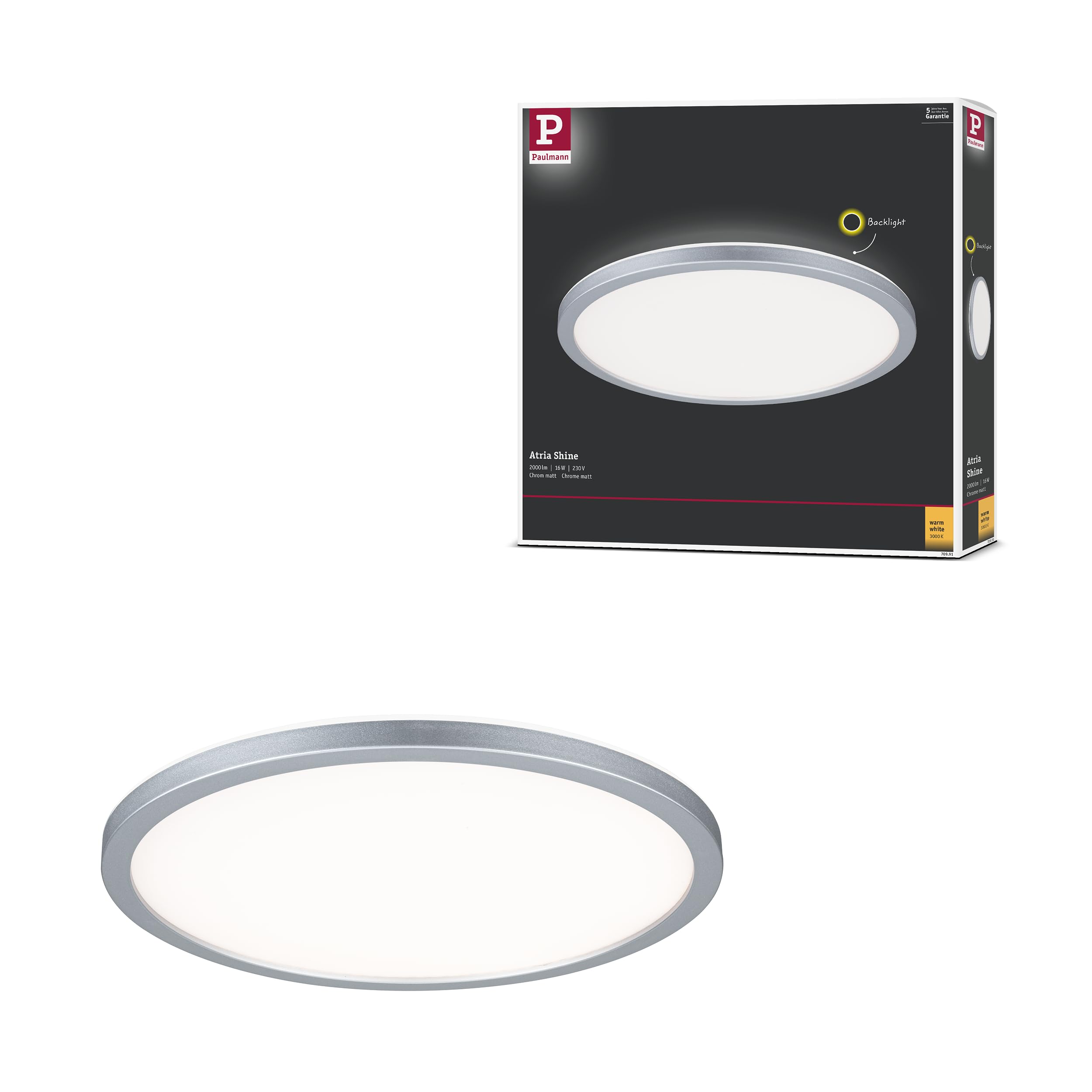 Paulmann 70991 Panel LED Atria Shine 293mm okrągły z 1x16 W ciepły biały chrom matowy panel świetlny plastikowy panel sufitowy 3000 K