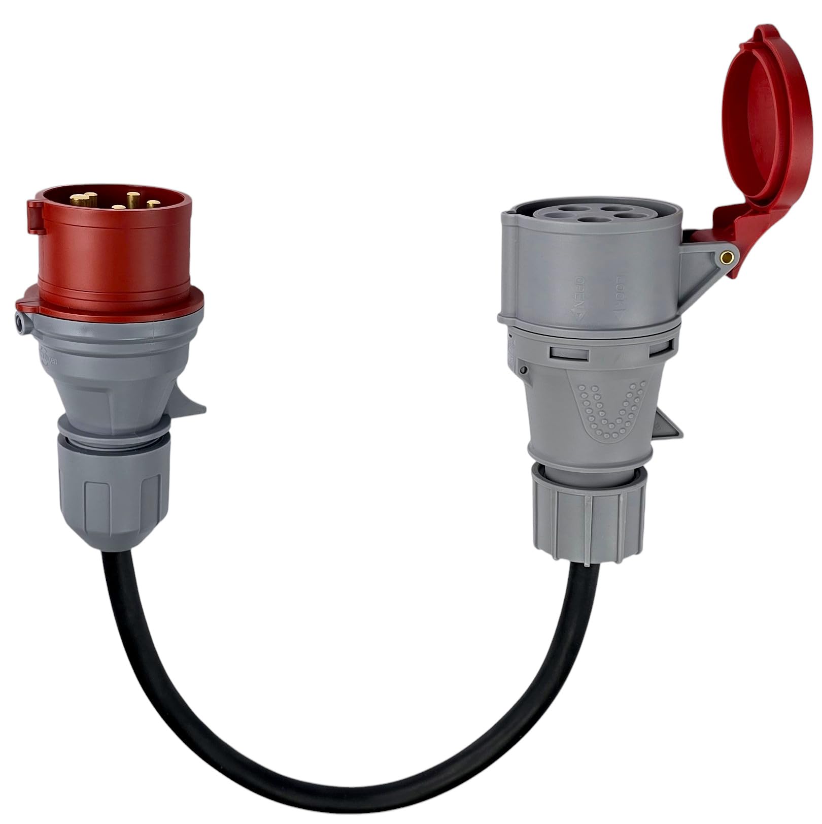 RoadEu – Cordon adaptateur CEE 32A 5 pôles avec inverseur de phase – rallonge 0,5m 400V – câble en caoutchouc IP44 – prise et fiche industrielle triphasée