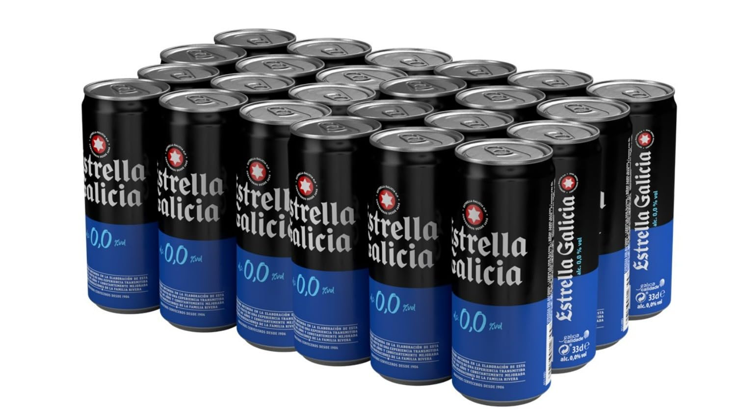 Estrella Galicia 0,0 - Cerveza Lager sin Alcohol, 24 Latas x 33 cl, Sabor Ligero y Refrescante, Aroma a Maltas y Lúpulo, 0% Volumen de Alcohol