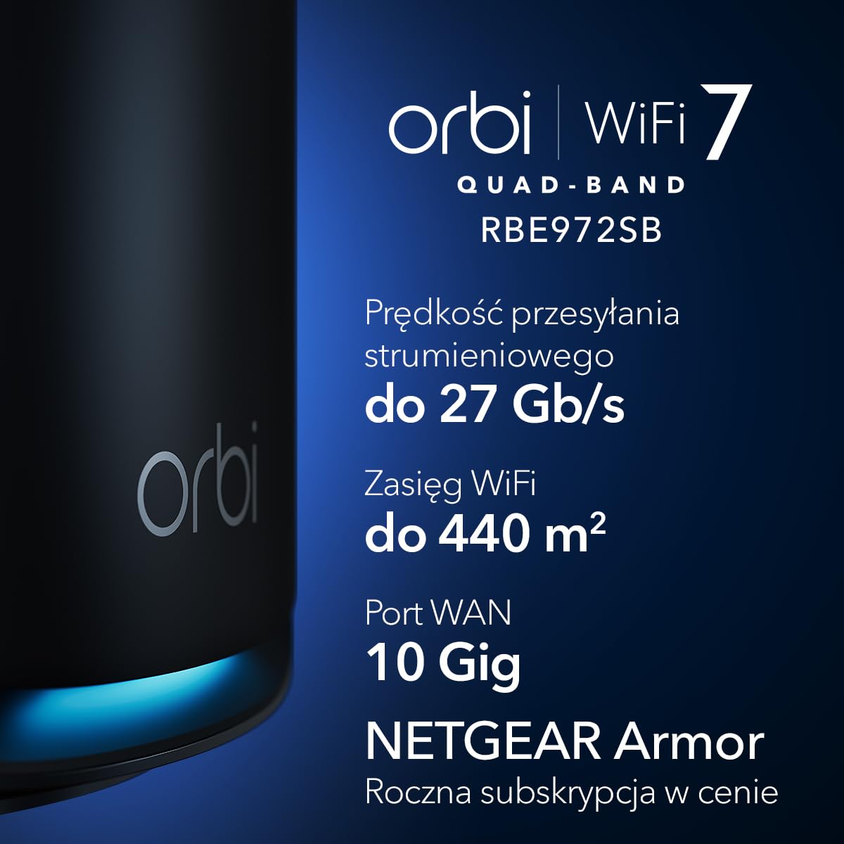 NETGEAR Orbi 970 Czteropasmowy system sieci mesh WiFi 7 czarny (RBE972SB) — router + 1 wzmacniacz satelitarny, funkcje zabezpieczeń, do 27 Gb/s, 440 m2 zasięgu, 200 urządzeń, port internetowy 10 Gb/s