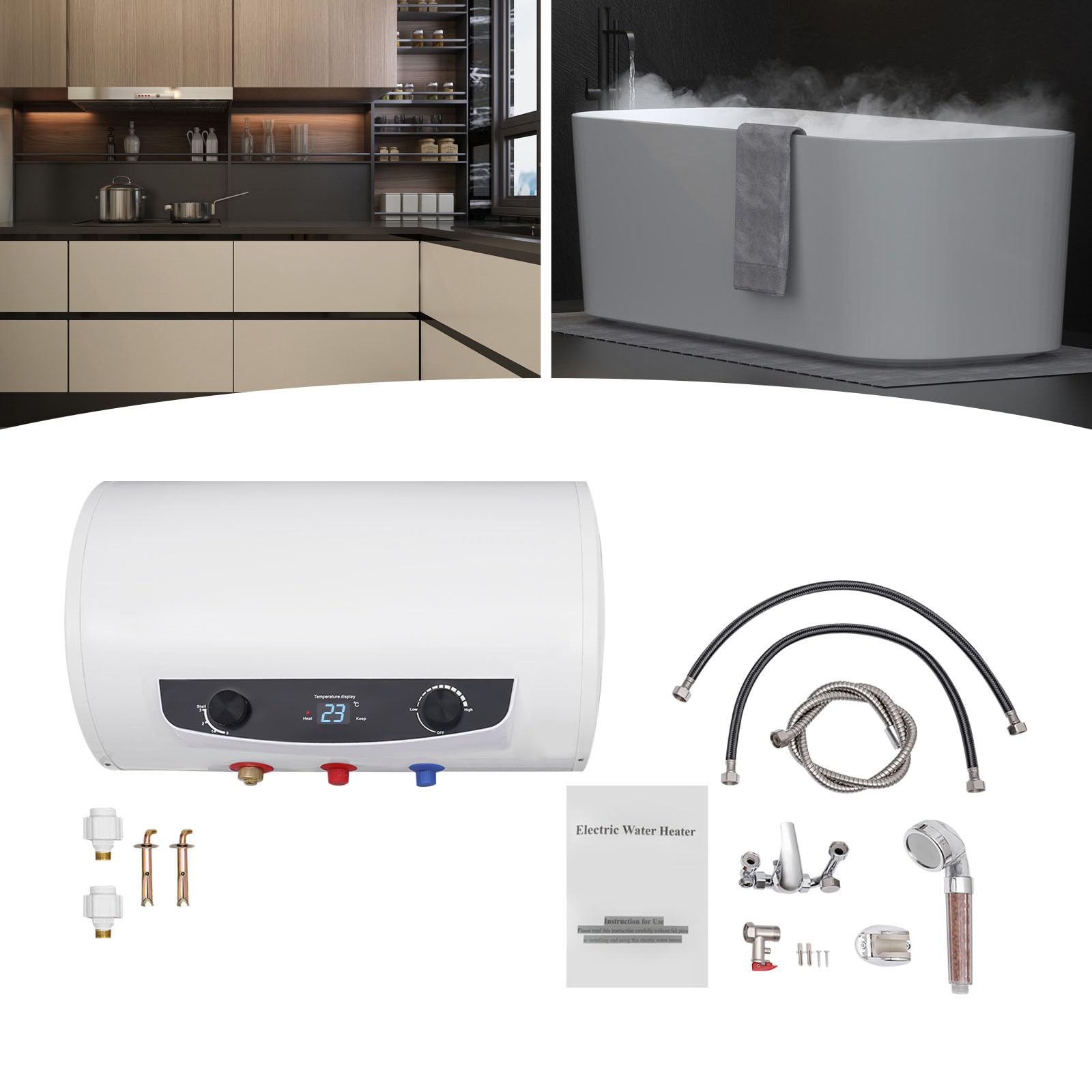 Scaldacqua calda da 35 l, 2000 W, montaggio a parete, serbatoio smaltato, IPX4, impermeabile, scaldabagno elettrico, regolatore di temperatura 25-75 °C, con rubinetto, doccetta e 3 tubi flessibili per