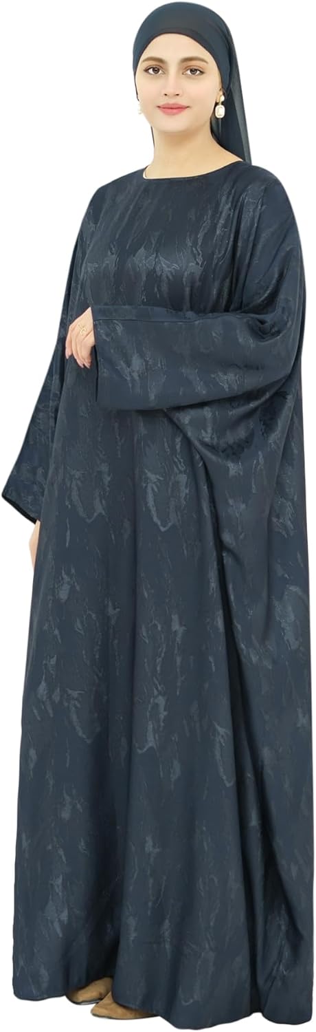 khalat Abaya Muslim Dress Women Satin Jacquard Prayer Dress Batwing Long Sleeve Islamic Dubai Robe with Chiffon Hijab - Image 4